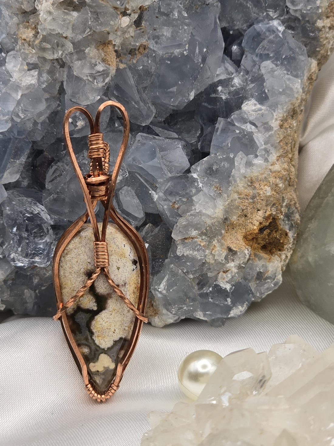 Hand-crafted Wire Wrapped Orbicular Ocean Jasper Crystal Pendant