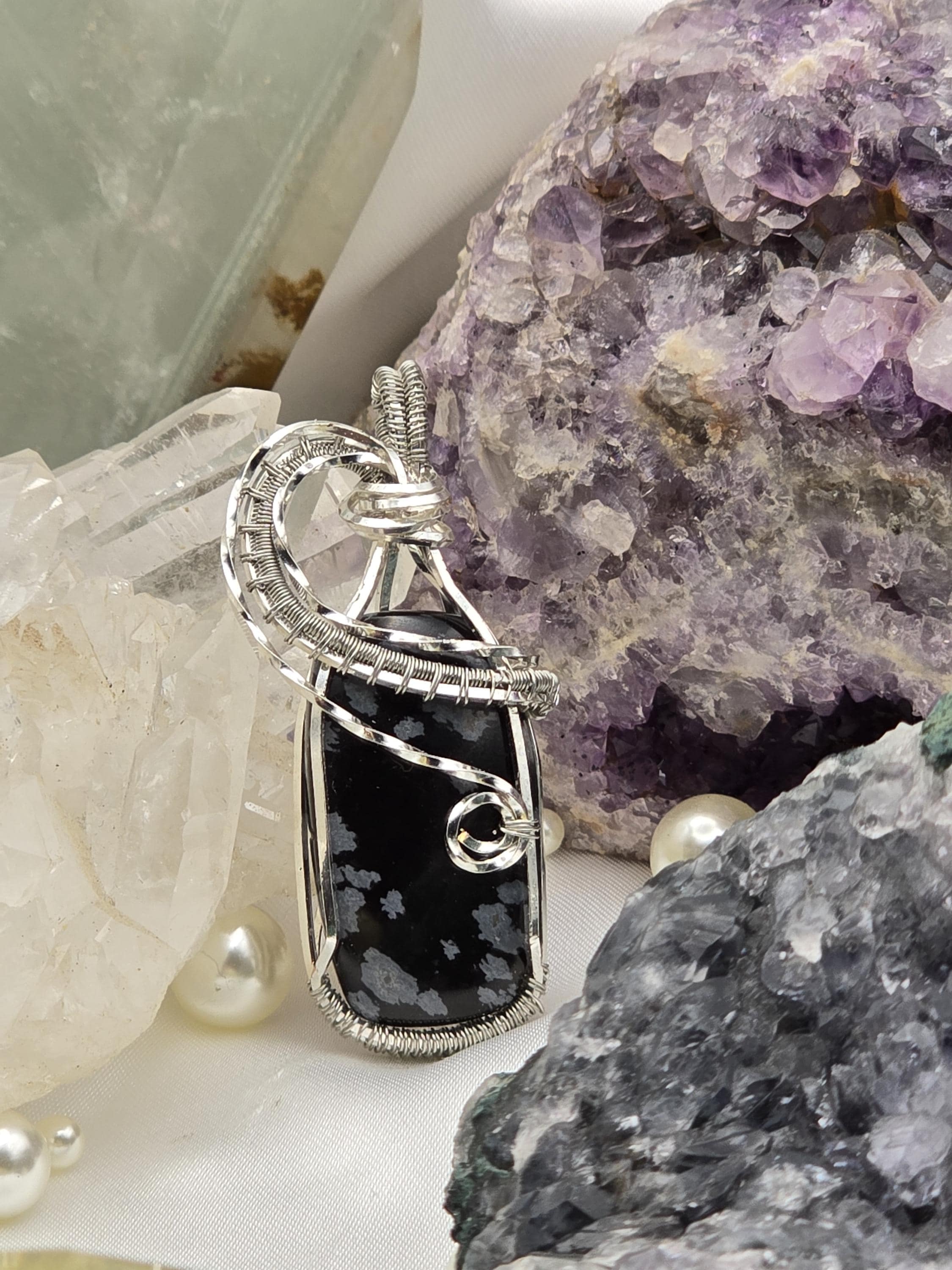 Hand-crafted Wire Wrapped Snowflake Obsidian Crystal Pendant