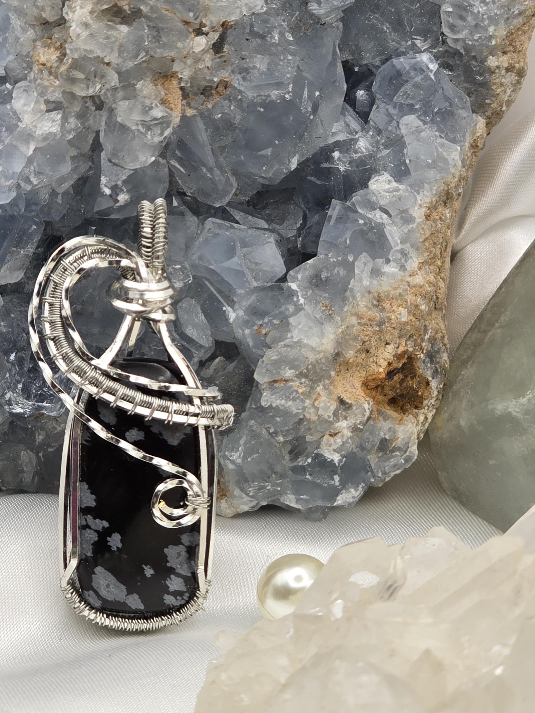 Hand-crafted Wire Wrapped Snowflake Obsidian Crystal Pendant