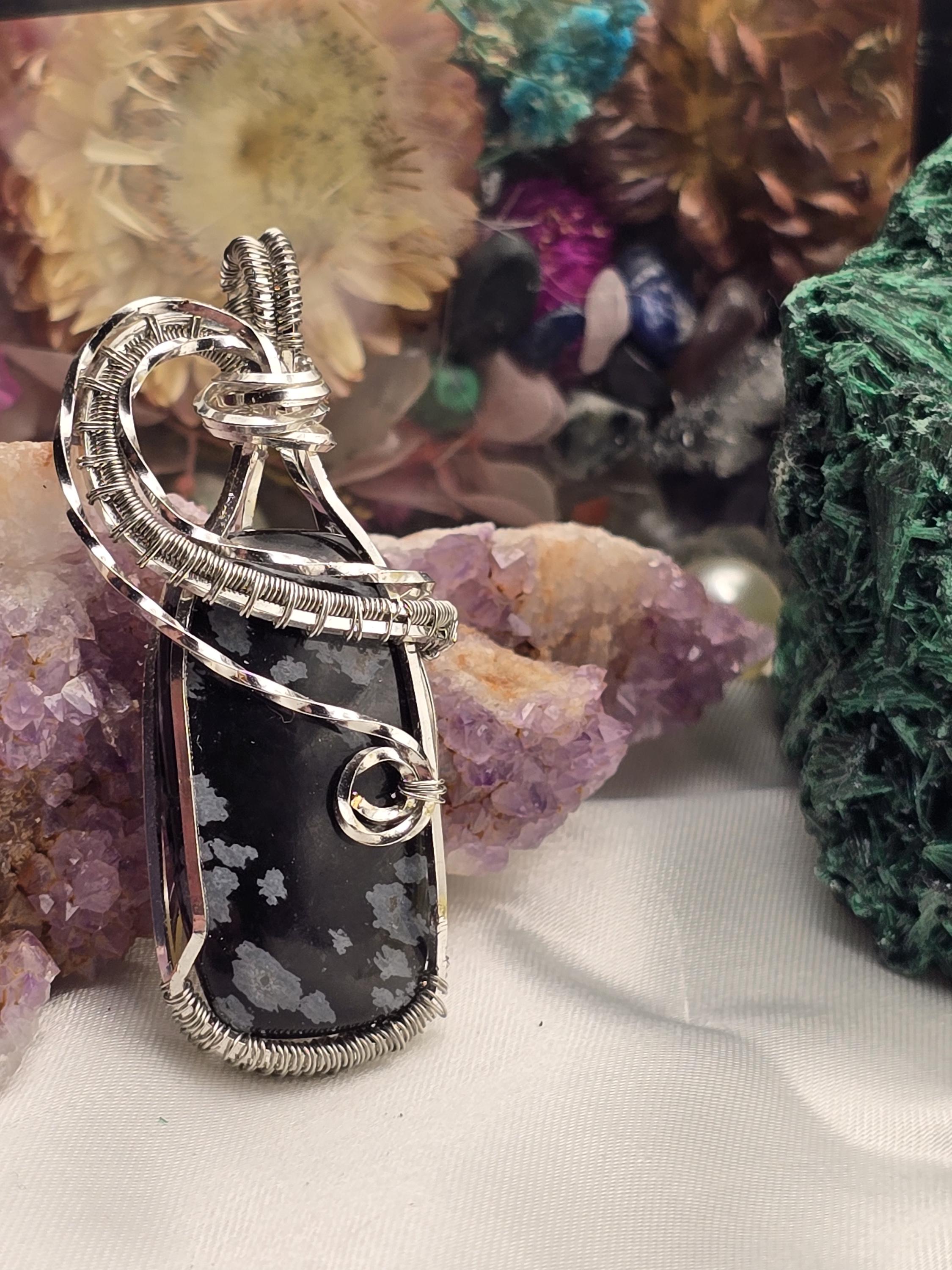 Hand-crafted Wire Wrapped Snowflake Obsidian Crystal Pendant