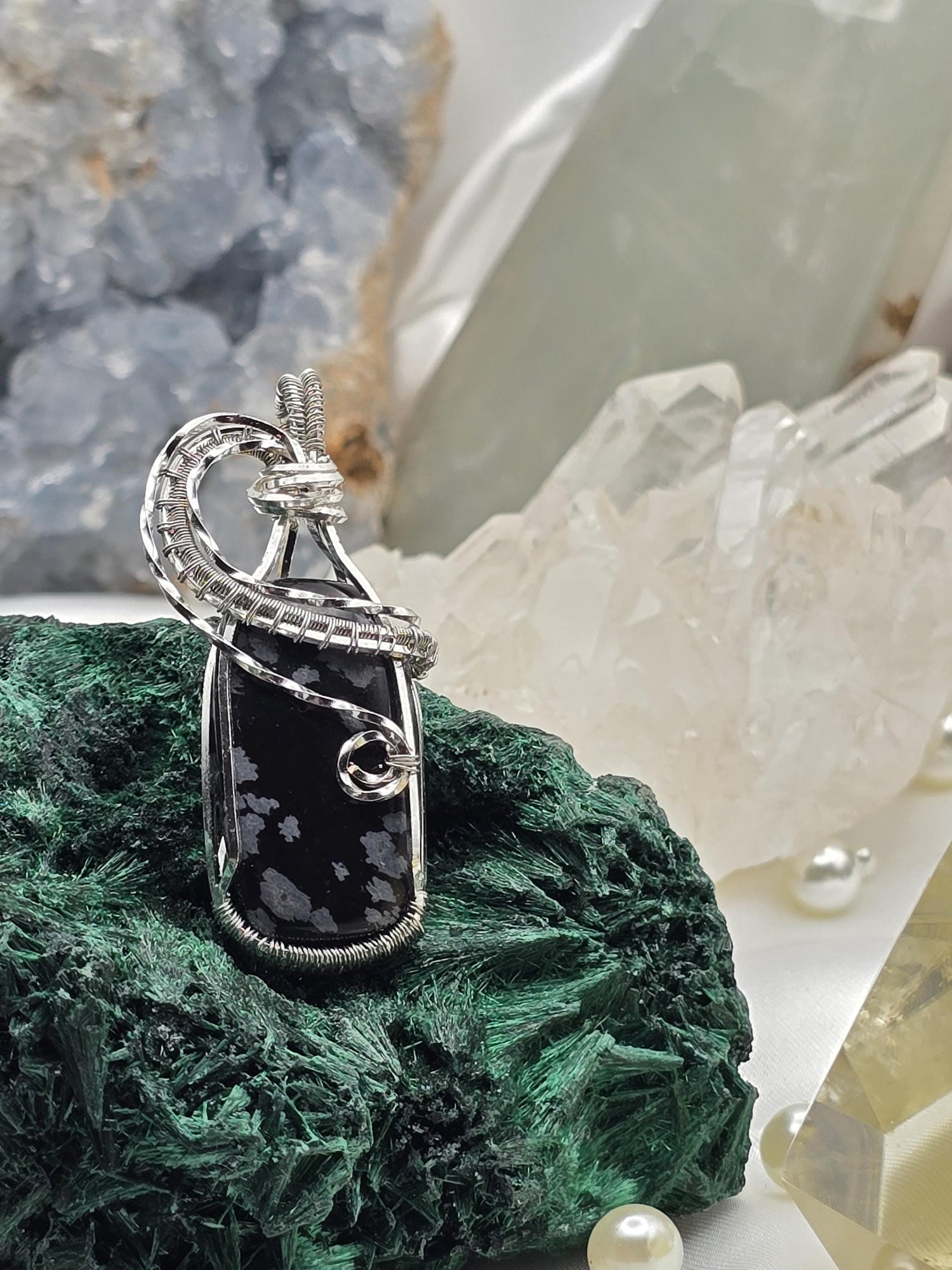 Hand-crafted Wire Wrapped Snowflake Obsidian Crystal Pendant