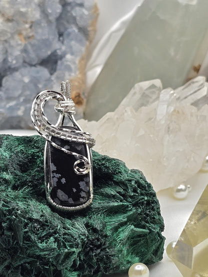 Hand-crafted Wire Wrapped Snowflake Obsidian Crystal Pendant