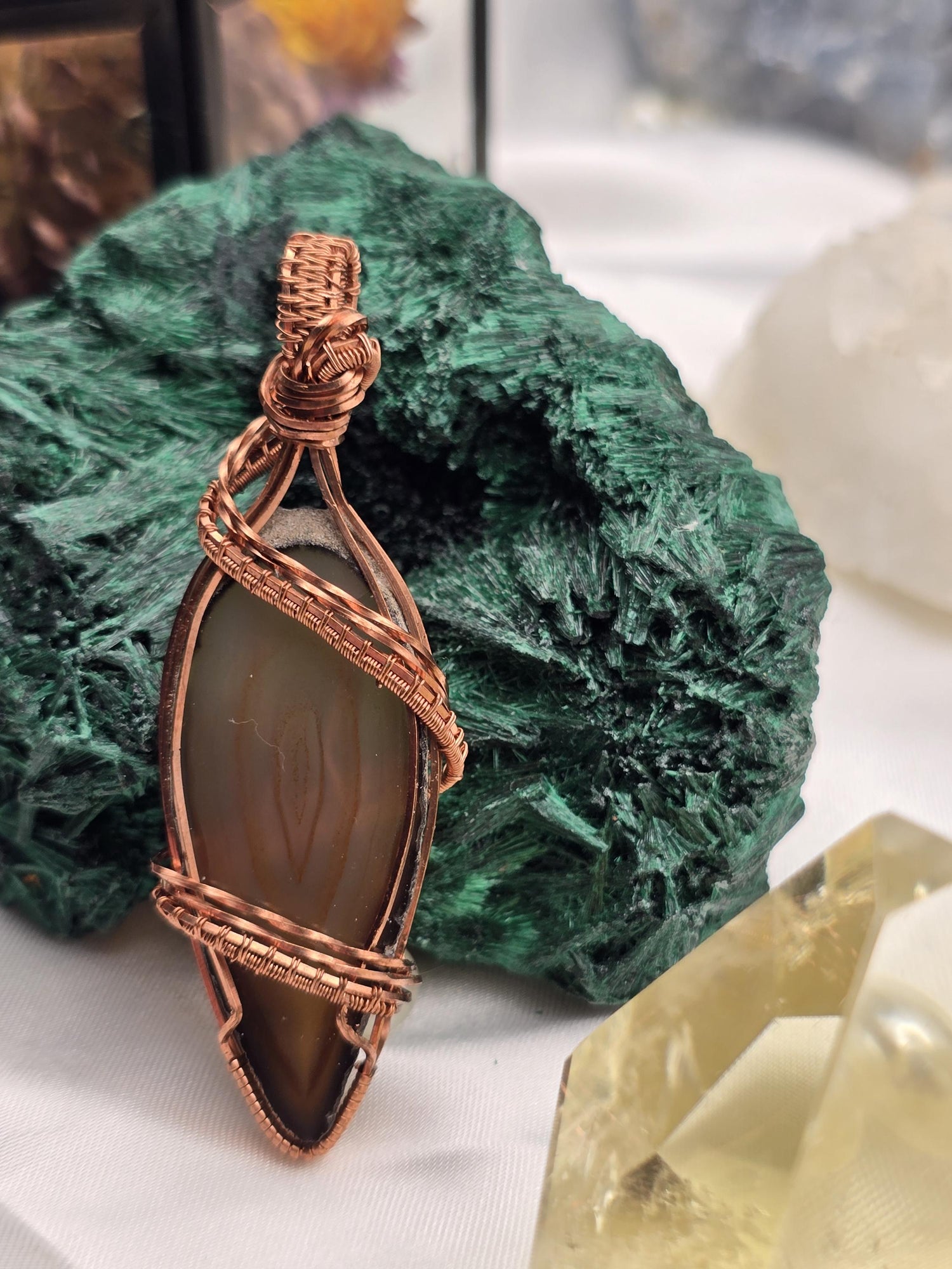 Hand-crafted Wire Wrapped Natural Brown Agate Slice Crystal Pendant