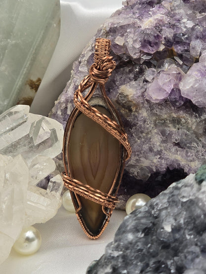 Hand-crafted Wire Wrapped Natural Brown Agate Slice Crystal Pendant