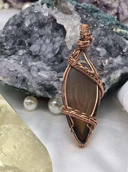 Hand-crafted Wire Wrapped Natural Brown Agate Slice Crystal Pendant