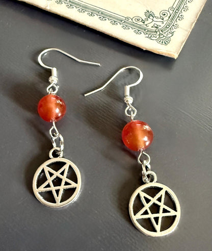 Inverted Pentagram Satanic Symbol Earrings with Carnelian Gemstone.