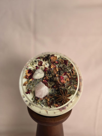 Love Attraction Intention Candle: Rose Quartz, Carnelian, Herbs, Flowers