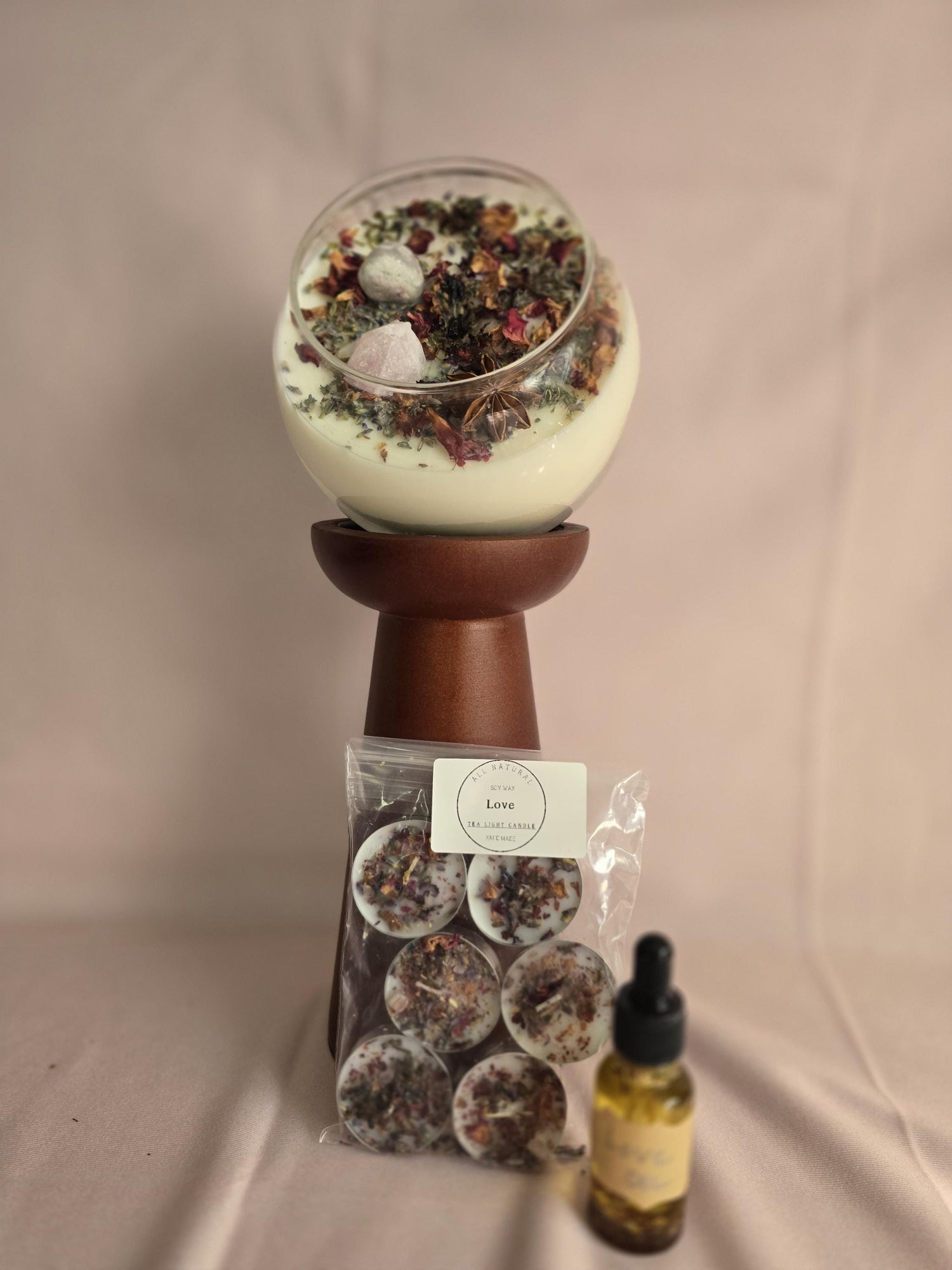 Love Attraction Intention Candle: Rose Quartz, Carnelian, Herbs, Flowers