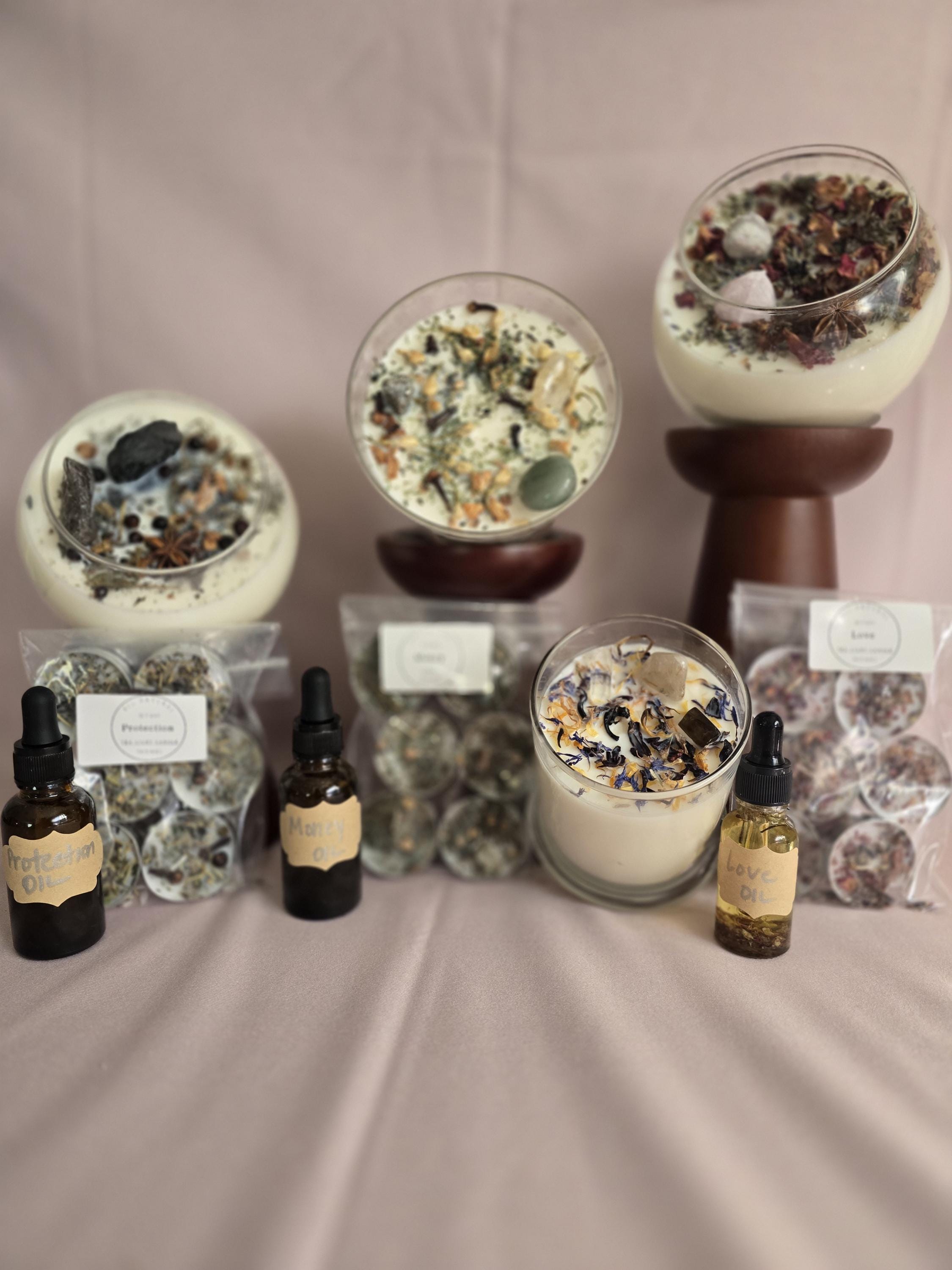 Love Attraction Intention Candle: Rose Quartz, Carnelian, Herbs, Flowers