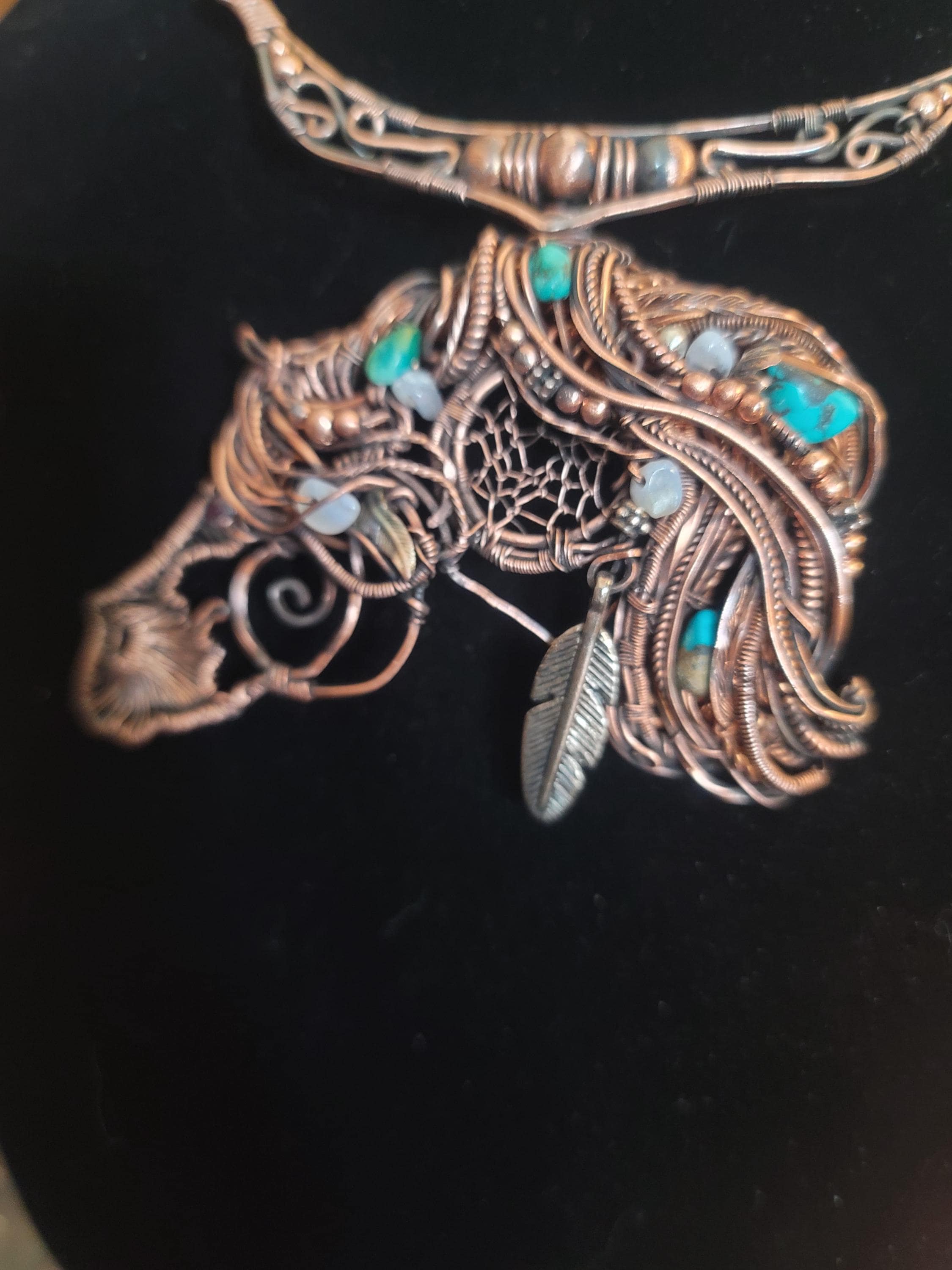 Copper Wire Horse Necklace, Sterling Silver Feather, Turquoise Equestrian Pendant