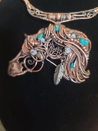 Copper Wire Horse Necklace, Sterling Silver Feather, Turquoise Equestrian Pendant