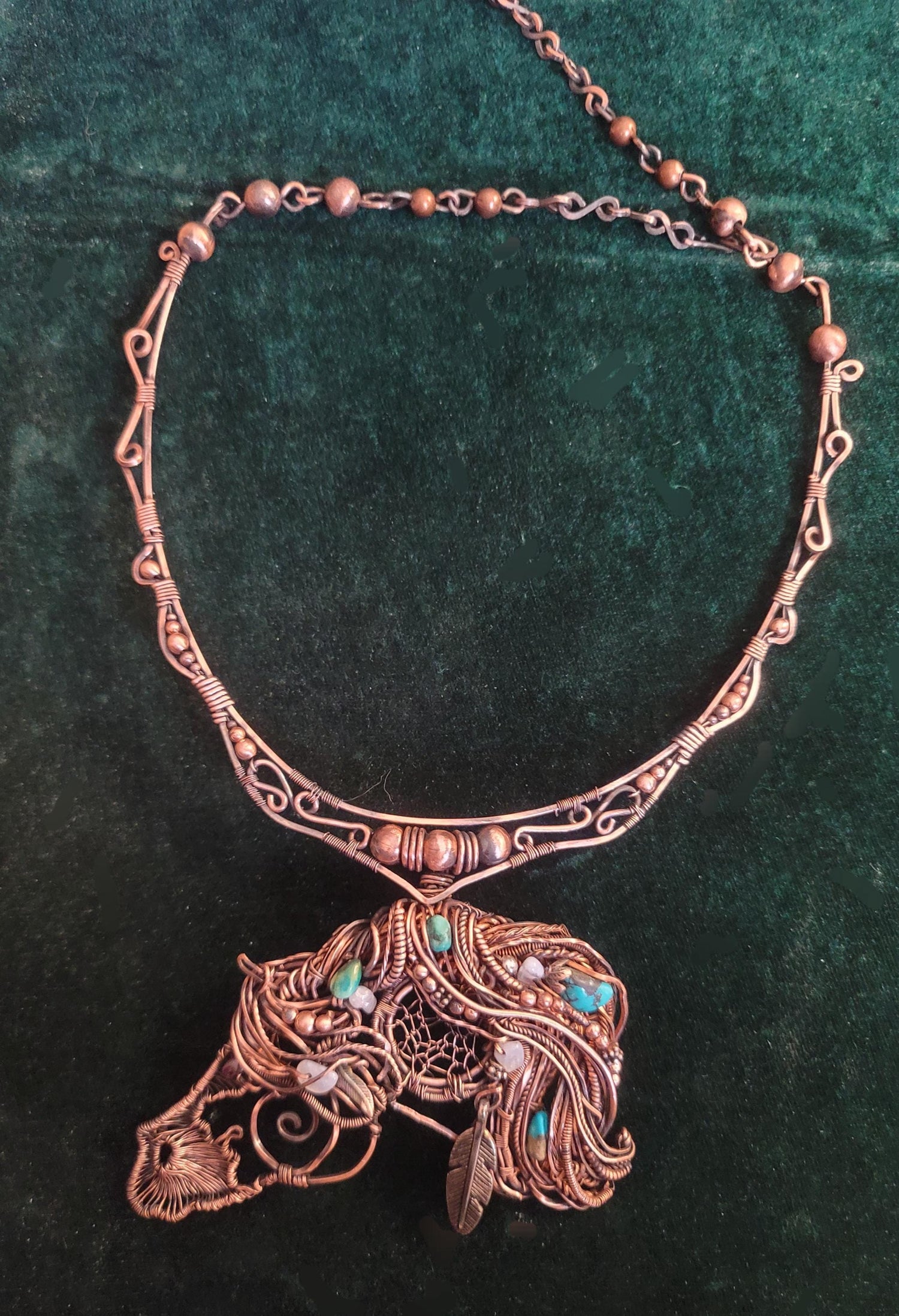 Copper Wire Horse Necklace, Sterling Silver Feather, Turquoise Equestrian Pendant