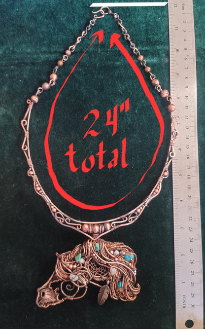 Copper Wire Horse Necklace, Sterling Silver Feather, Turquoise Equestrian Pendant