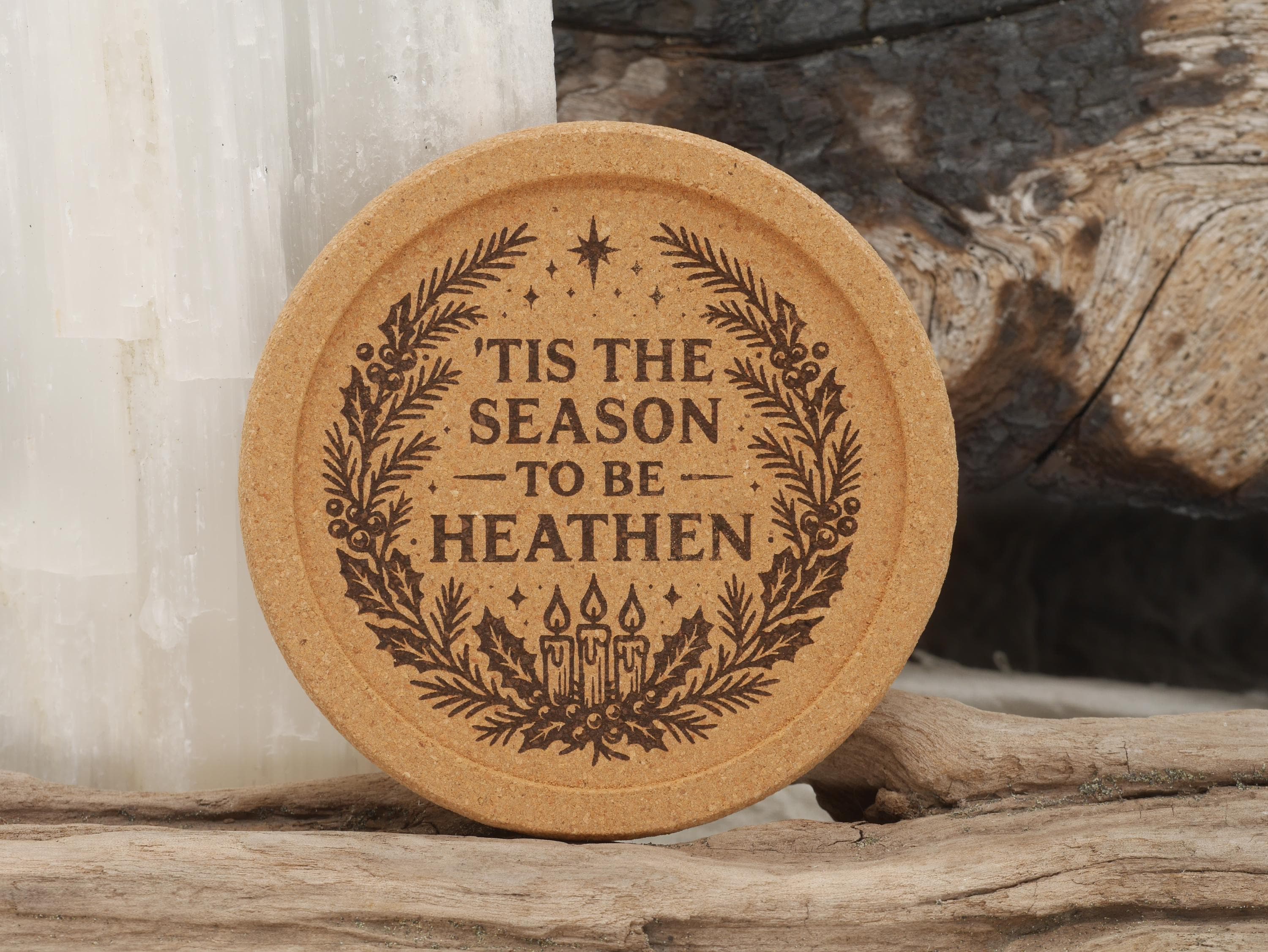Tis the Season to be Heathen Cork Coaster Set (four 4&amp;quot; coasters) - Yule Decor