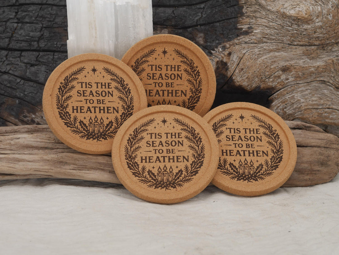Tis the Season to be Heathen Cork Coaster Set (four 4&amp;quot; coasters) - Yule Decor