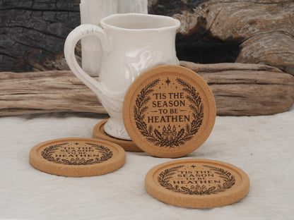 Tis the Season to be Heathen Cork Coaster Set (four 4&amp;quot; coasters) - Yule Decor