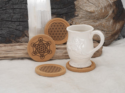 Sacred Geometry Cork Coaster Set (four 4&amp;quot; coasters) - Metatron&amp;