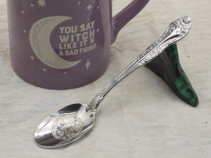 Ornate Pentagram Witches Teaspoon For Stirring In Intent - Engraved Stainless Steel