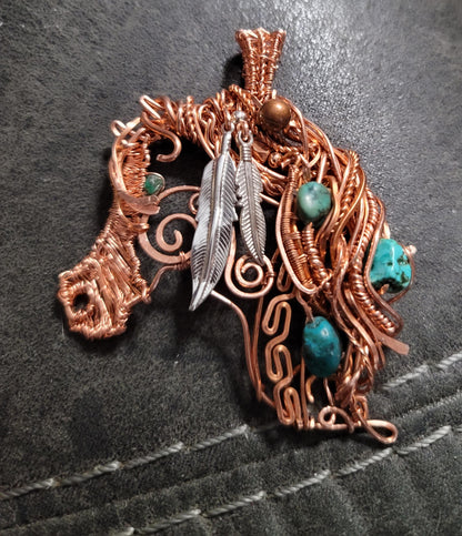 Copper silver mustang horse necklace,horse pendant,equestrian gifts for trainers,horse gifts women, Indian pony, turquoise unique, western