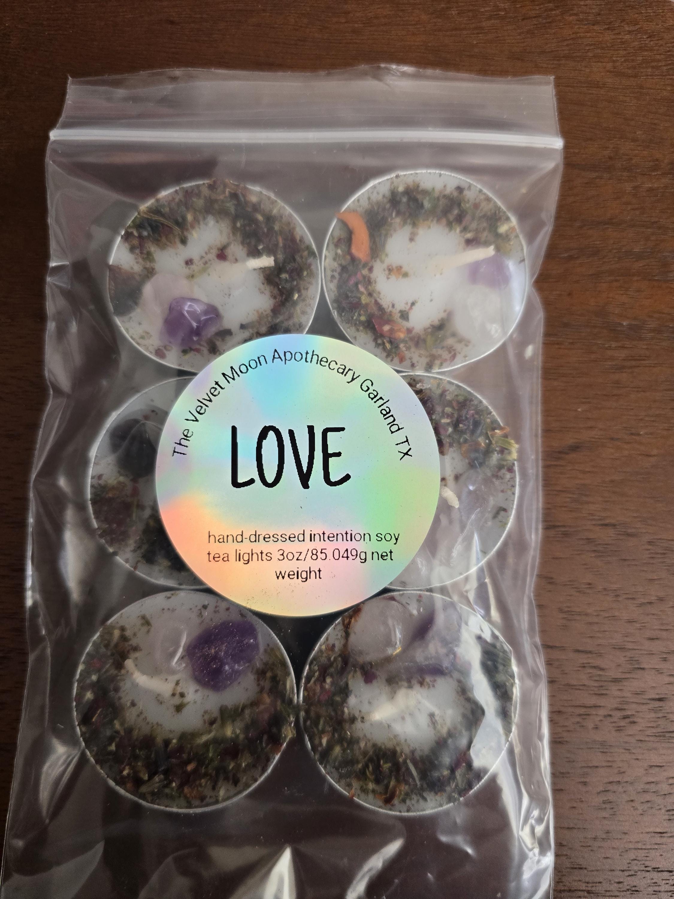 Handcrafted Intention Tea Lights | Dressed Ritual Candles with Herbs &amp; Crystals,Love, Protection, Money, Spellwork