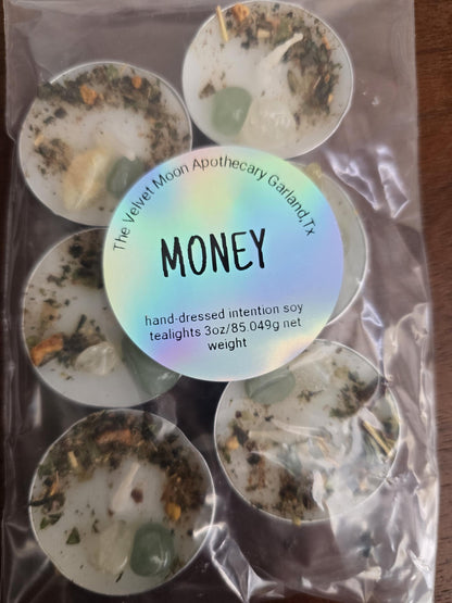 Handcrafted Intention Tea Lights | Dressed Ritual Candles with Herbs &amp; Crystals,Love, Protection, Money, Spellwork