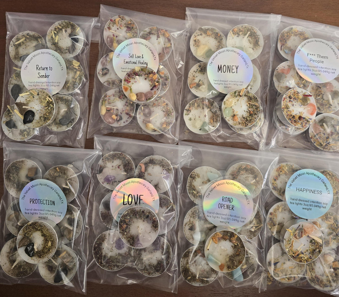Handcrafted Intention Tea Lights | Dressed Ritual Candles with Herbs &amp; Crystals,Love, Protection, Money, Spellwork