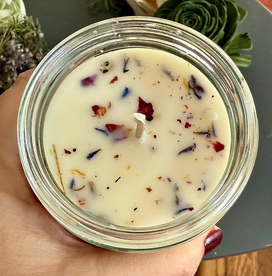 Spirit Deity Citrus Blossom Fragrance White Soy Candle with Floral Botanicals.