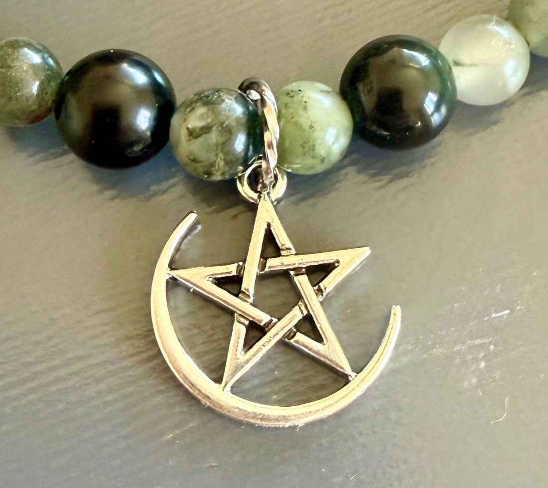 Dragon Bloodstone Jasper and Obsidian Bracelet with Pentacle Charm.