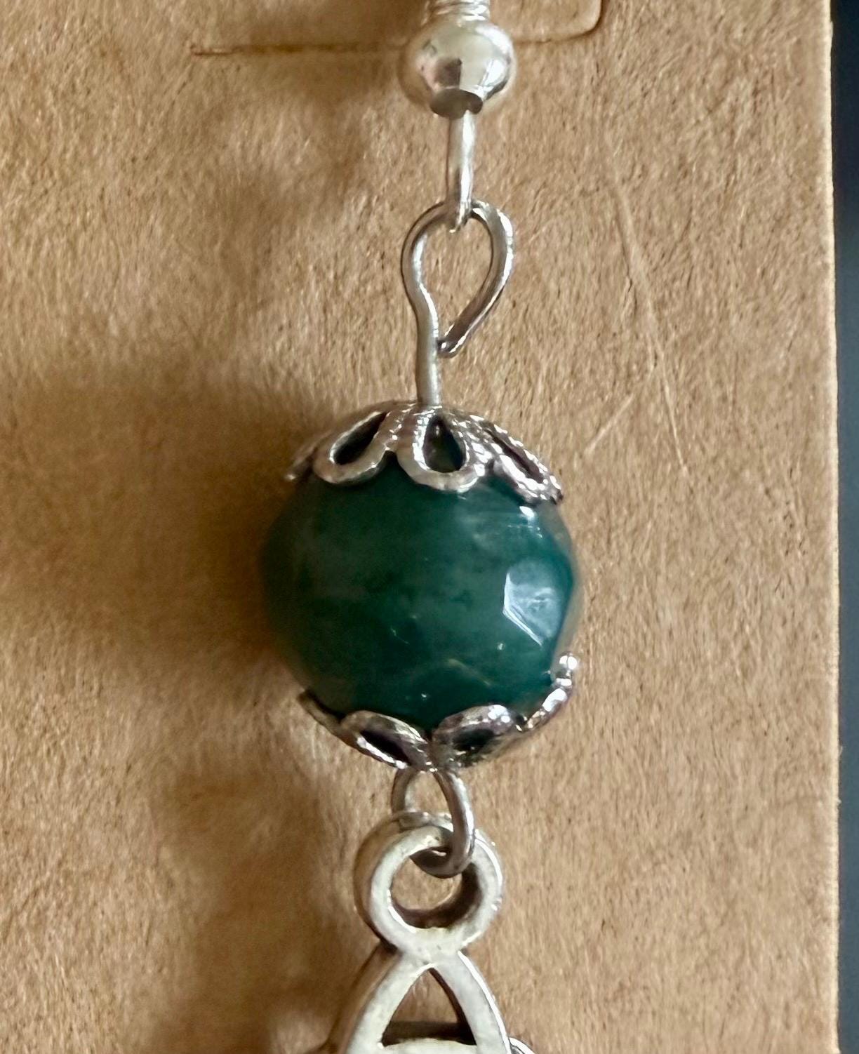 Celtic Triquetra Charm Earrings with Moss Agate Gemstones.