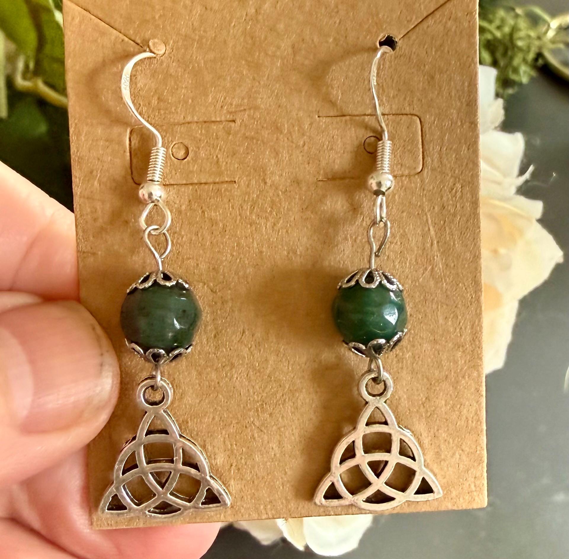 Celtic Triquetra Charm Earrings with Moss Agate Gemstones.