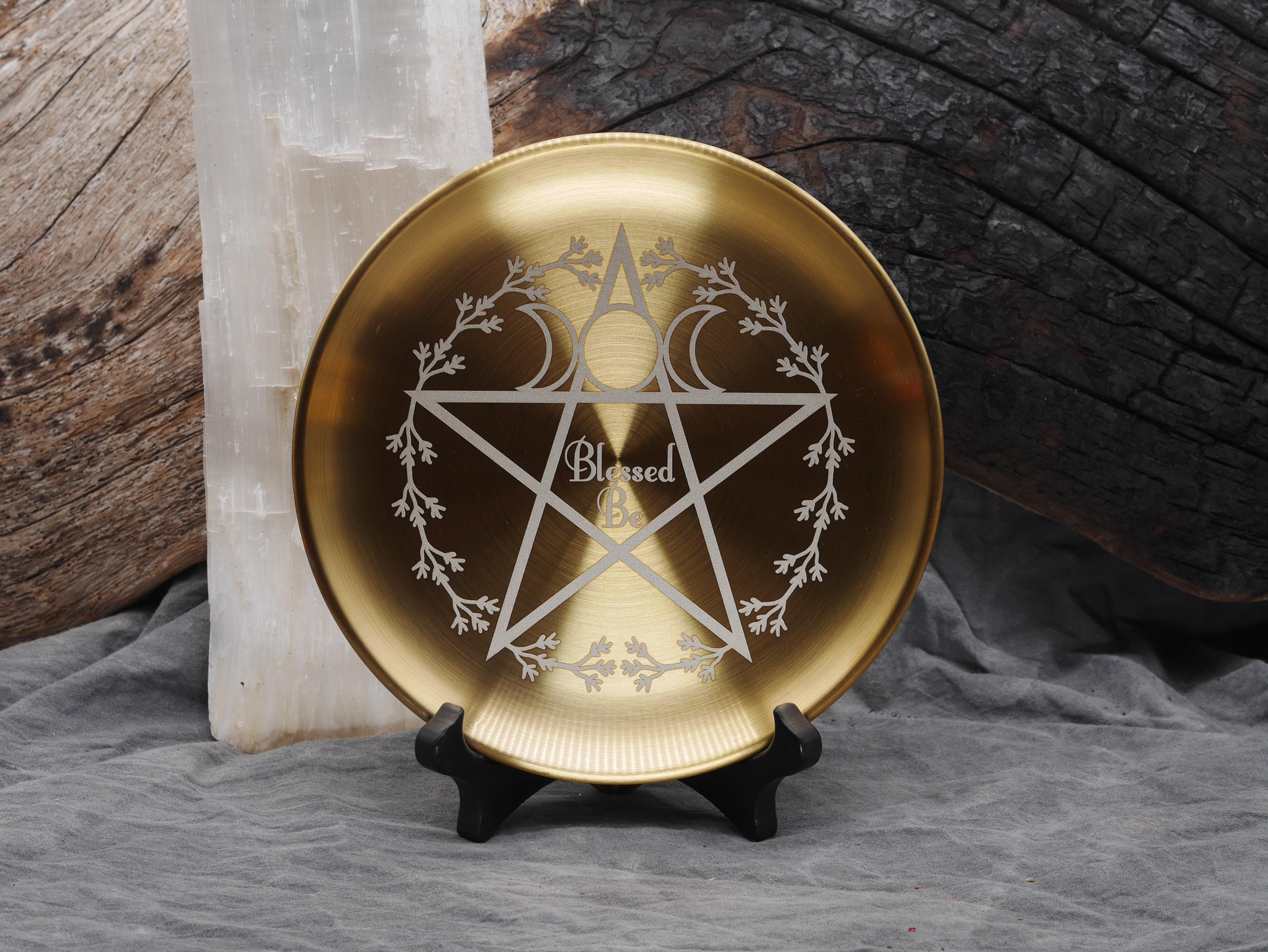 Gold Tone Blessed Be with Pentagram and Wreath Stainless Steel Altar Tray