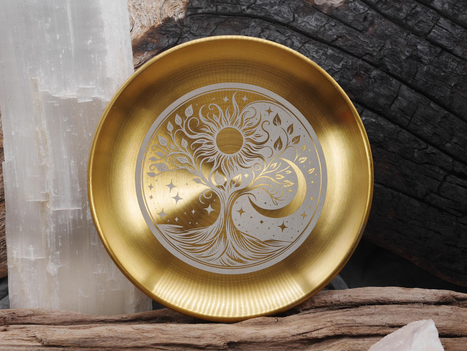 Gold Tone Bohemian Tree of Life with Sun and Moon Stainless Steel Altar Tray
