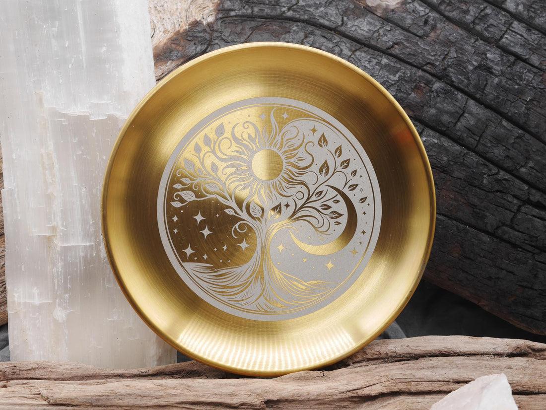 Gold Tone Bohemian Tree of Life with Sun and Moon Stainless Steel Altar Tray