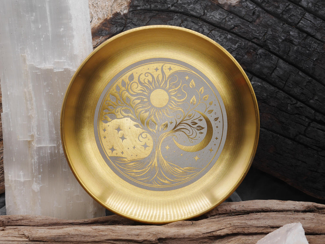Gold Tone Bohemian Tree of Life with Sun and Moon Stainless Steel Altar Tray