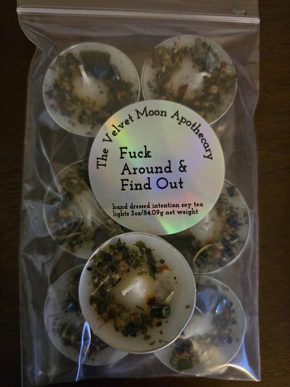 Handcrafted Intention Tea Lights | Dressed Ritual Candles with Herbs &amp; Crystals,Love, Protection, Money, Spellwork