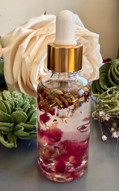 Goddess Invocation Ritual Anointing Oil with Essential Oils, Dried Rose and Lavender Petals.