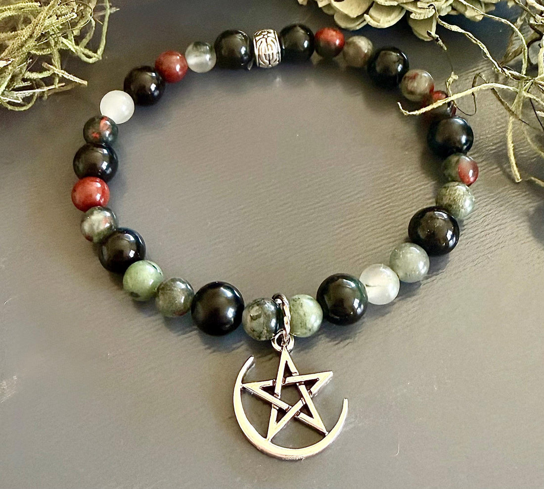 Dragon Bloodstone Jasper and Obsidian Bracelet with Pentacle Charm.