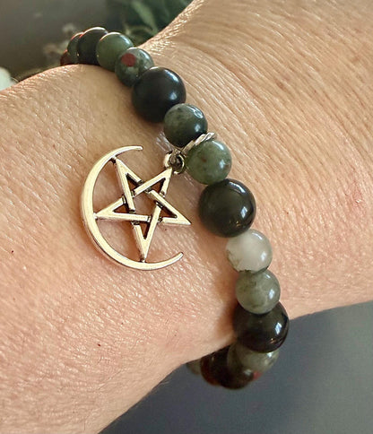 Dragon Bloodstone Jasper Bracelet with Pentacle Charm.