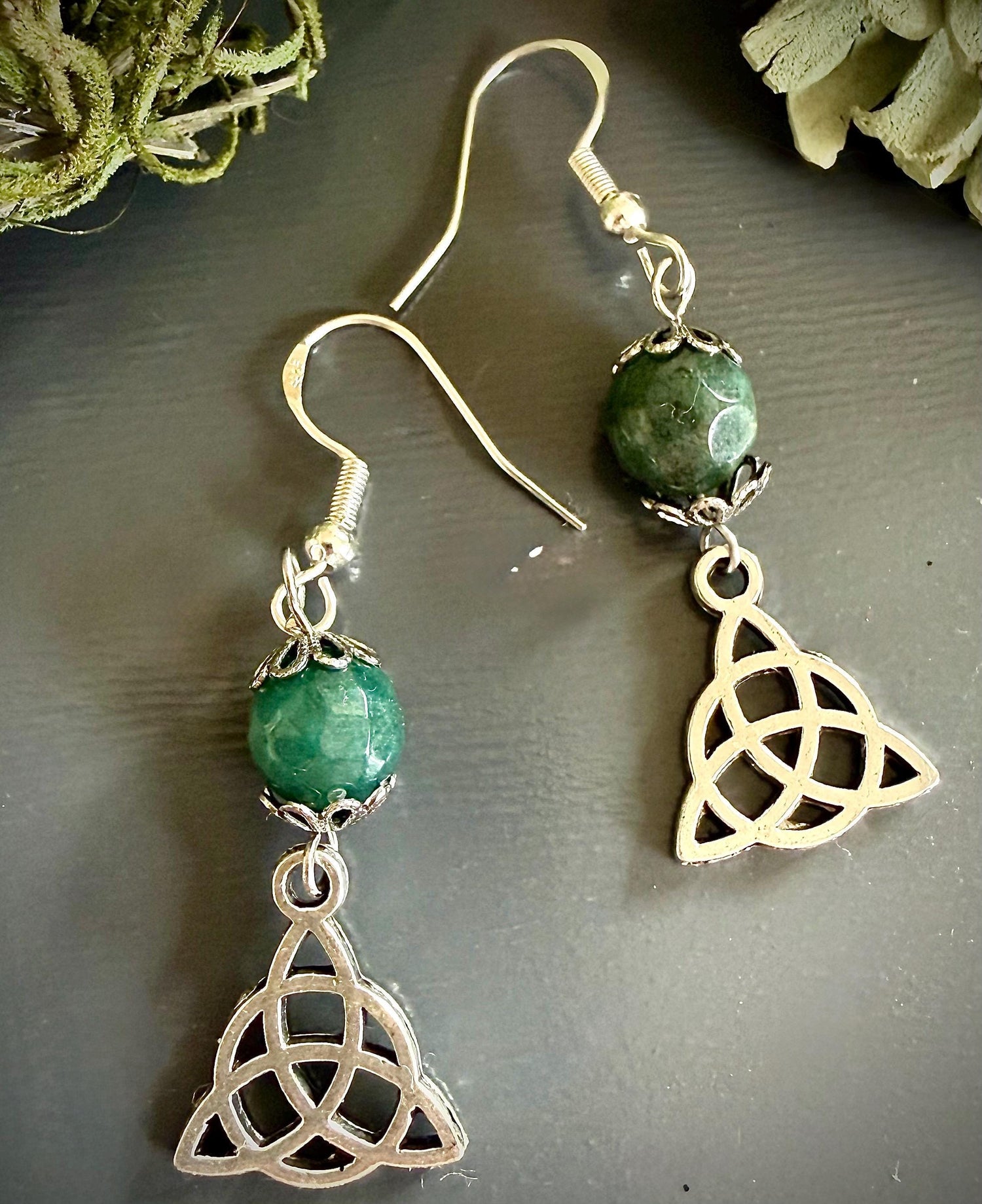 Celtic Triquetra Charm Earrings with Moss Agate Gemstones.