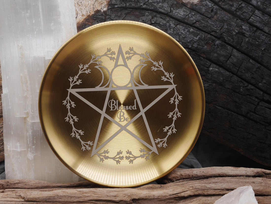 Gold Tone Blessed Be with Pentagram and Wreath Stainless Steel Altar Tray