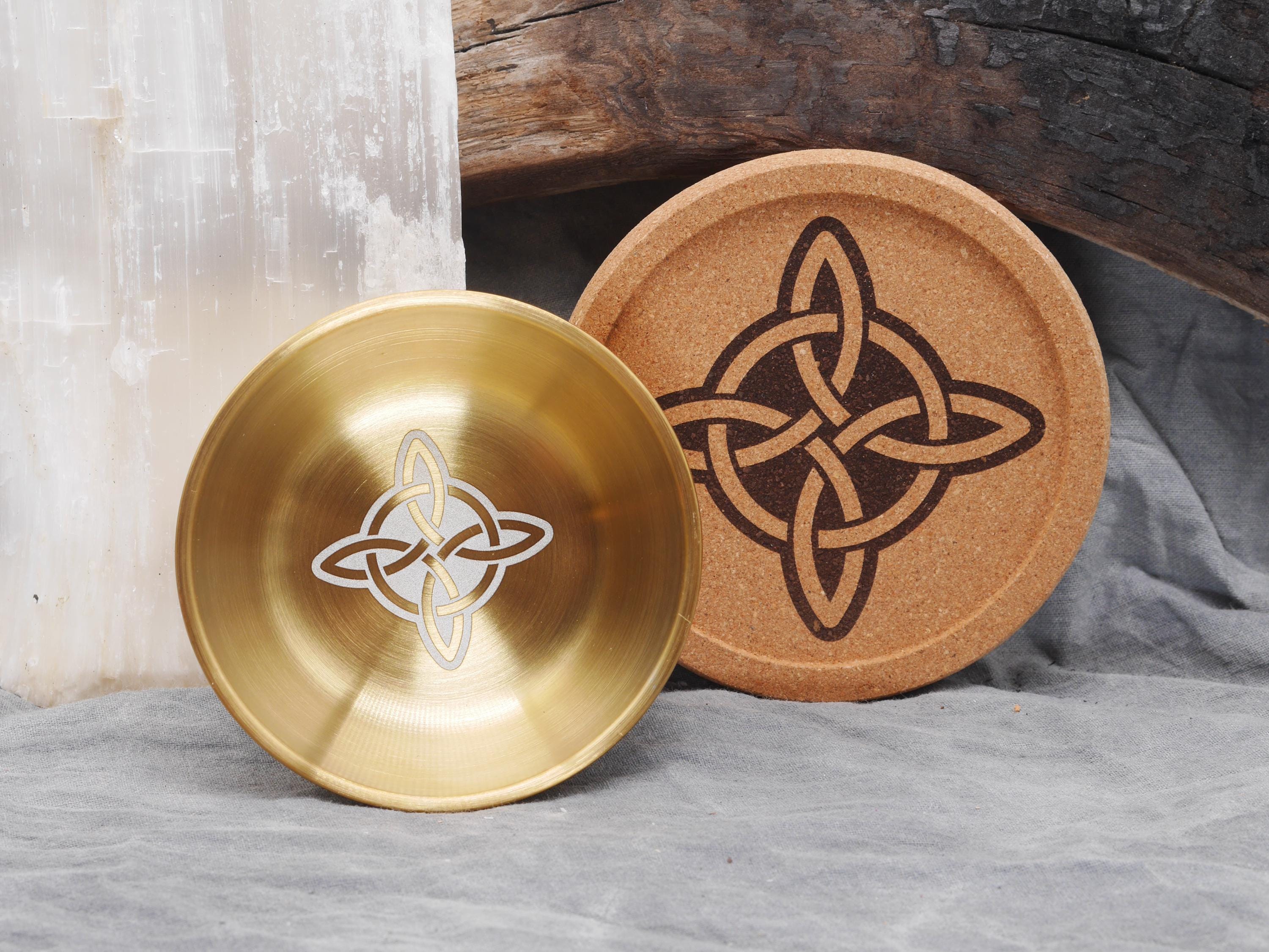 Gold Tone Witches Knot Mini Altar Set - Offering / Candle Bowl and Cork Tray