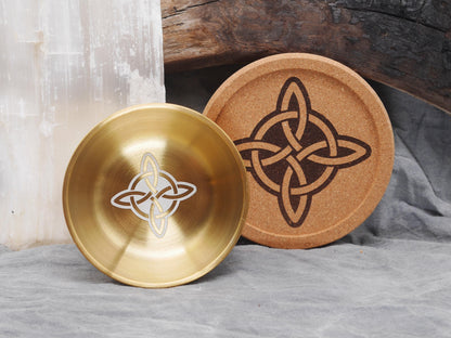 Gold Tone Witches Knot Mini Altar Set - Offering / Candle Bowl and Cork Tray