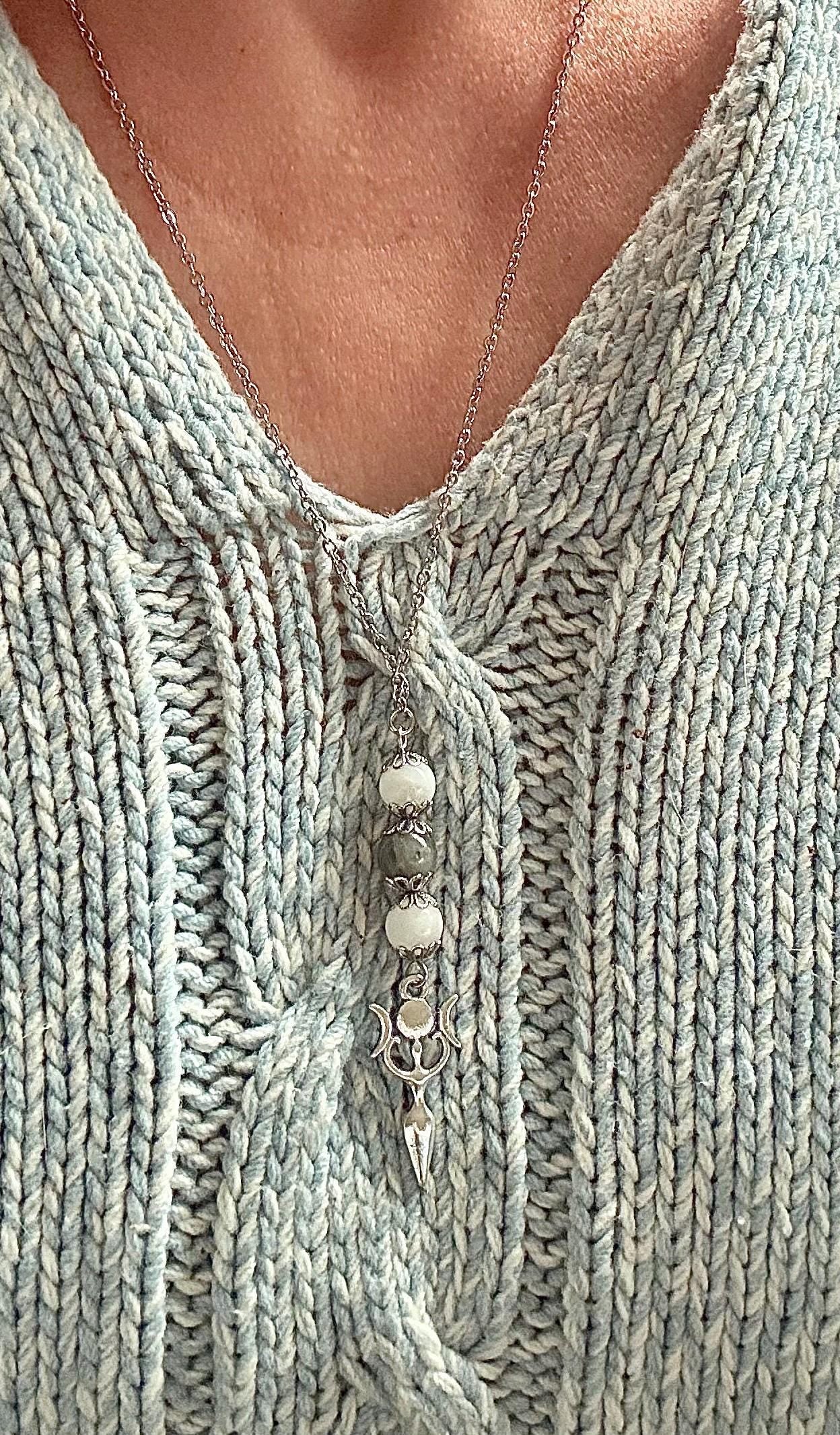 Triple Moon Goddess Pendant Necklace with Labradorite and Moonstone Beads.
