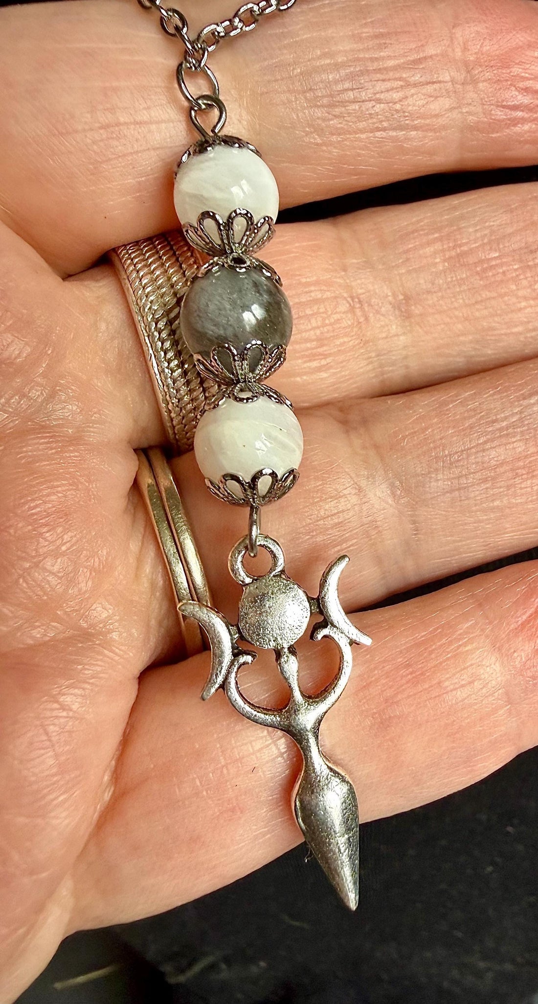 Triple Moon Goddess Pendant Necklace with Labradorite and Moonstone Beads.