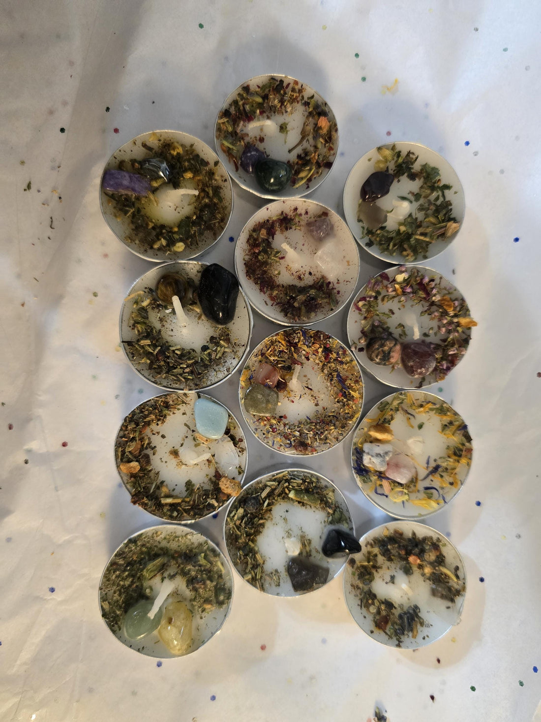 Handcrafted Intention Tea Lights | Dressed Ritual Candles with Herbs &amp; Crystals,Love, Protection, Money, Spellwork