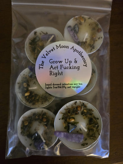 Handcrafted Intention Tea Lights | Dressed Ritual Candles with Herbs &amp; Crystals,Love, Protection, Money, Spellwork