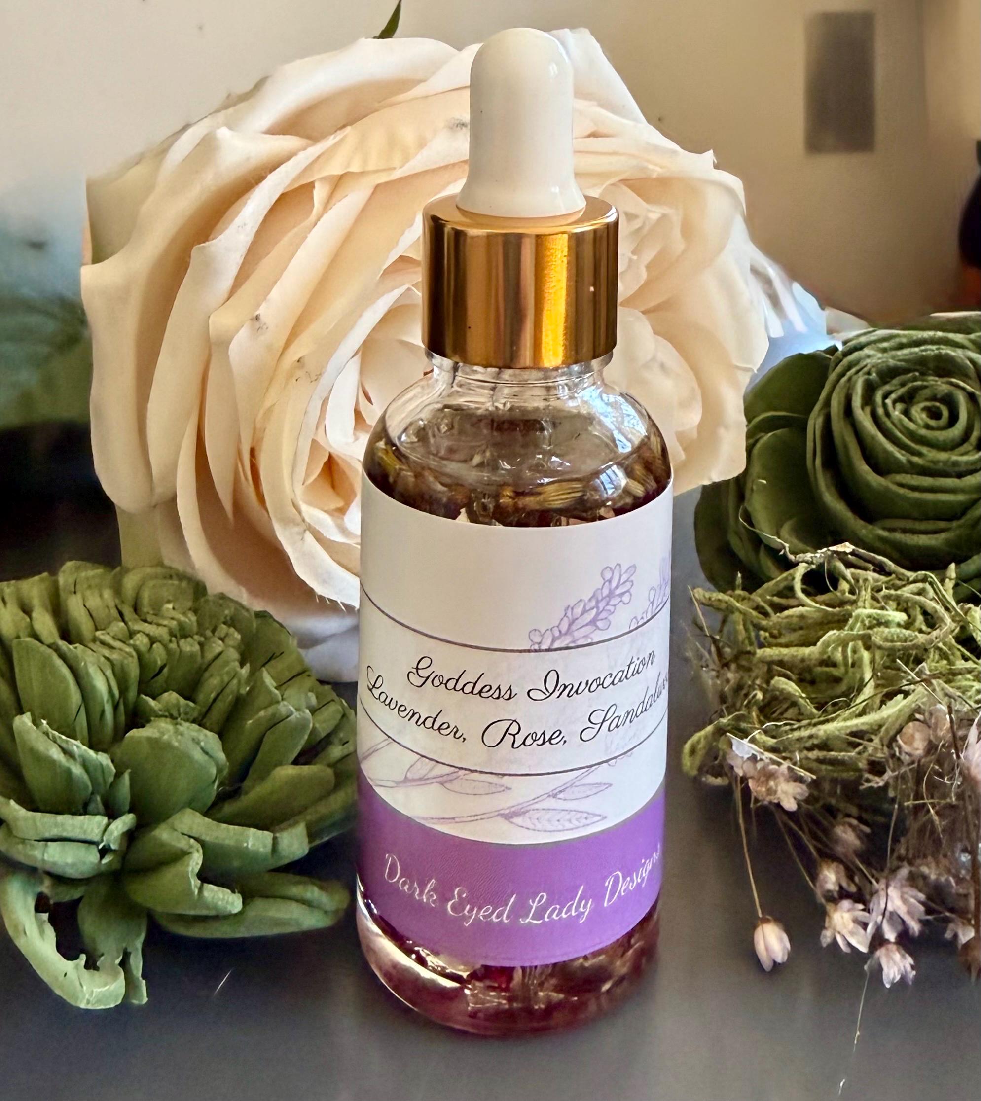 Goddess Invocation Ritual Anointing Oil with Essential Oils, Dried Rose and Lavender Petals.