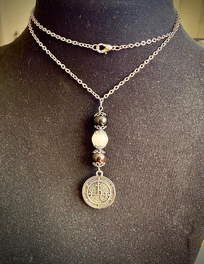 Lilith Sigil Necklace with Garnet, Rose Quartz, and Obsidian Beads.