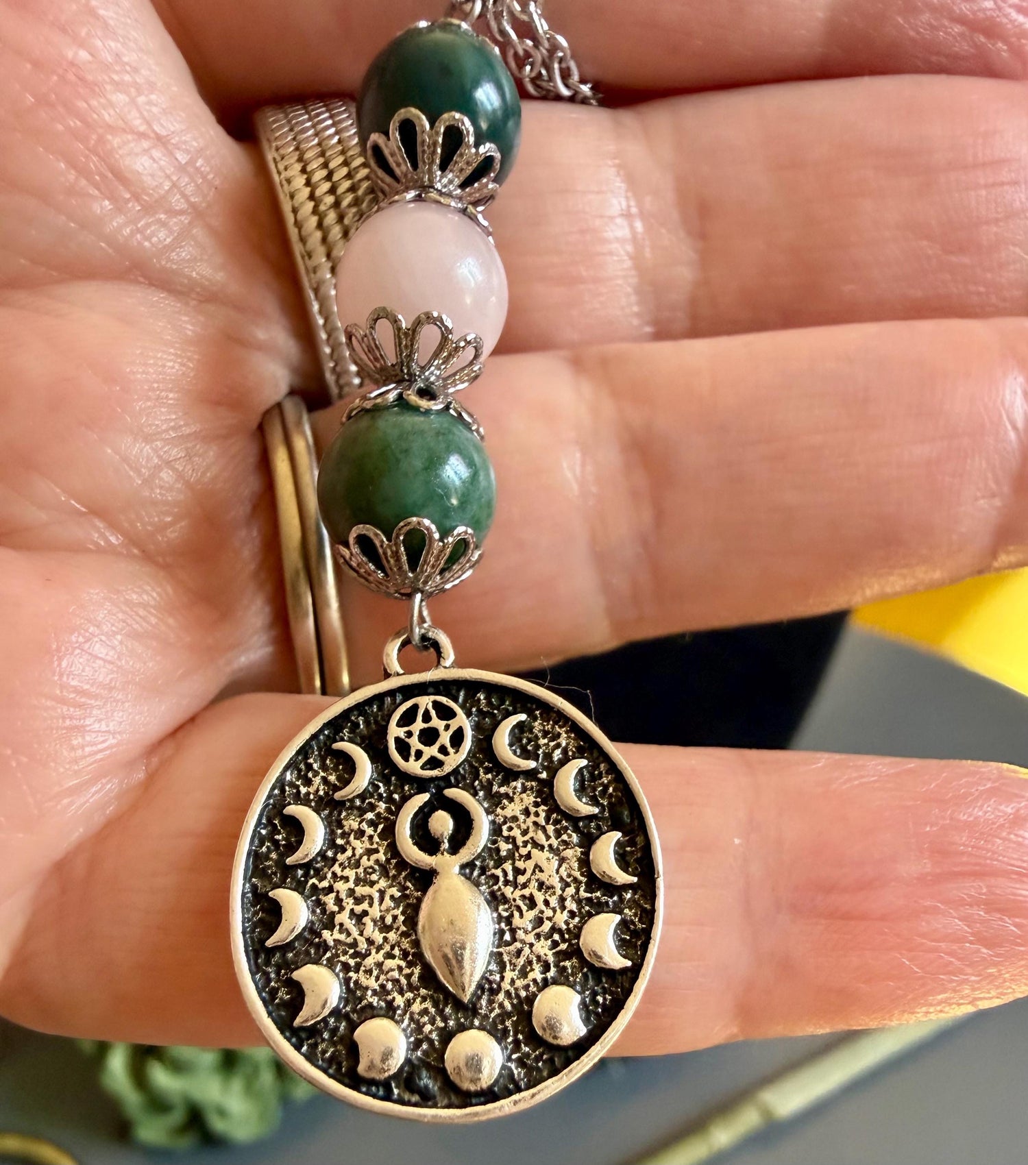 Ostara Goddess Pendant Necklace with Moss Agate and Rose Quartz Beads.