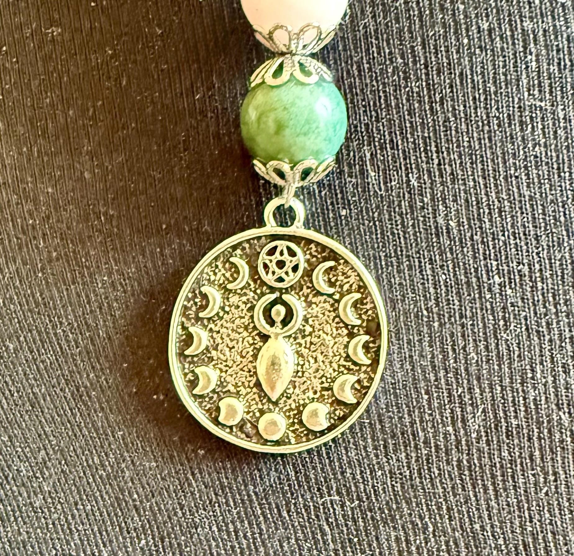 Ostara Goddess Pendant Necklace with Moss Agate and Rose Quartz Beads.